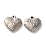 Valentine's Day 304 Stainless Steel Pendants, Heart with Word Be My Valentine, Stainless Steel Color, 17x17x4mm, Hole: 1.6mm(STAS-E193-02P)