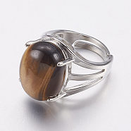Natural Tiger Eye Wide Band Finger Rings, with Brass Ring Findings, Oval, 18mm(RJEW-K224-A18)