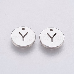 304 Stainless Steel Charms,  Flat Round with Letter, Stainless Steel Color, Letter.Y, 10x1mm, Hole: 1mm(STAS-P212-15P-04)
