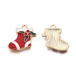 Golden Plated Alloy Enamel Pendants, for Christmas, Christmas Sock, Cadmium Free & Lead Free, Red, 19x17.5x2.5mm, Hole: 2mm(X-ENAM-T009-93-RS)