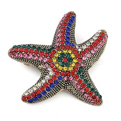 Starfish Rhinestone Brooches, Antique Golden Alloy Lapel Pins for Backpack Clothes, Colorful, 43x44mm(JEWB-S030-02)