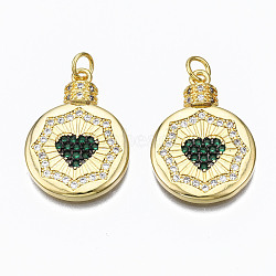 Brass Micro Pave Cubic Zirconia Pendants, with Jump Rings, Nickel Free, Flat Round with Heart, Real 16K Gold Plated, Dark Green, 24.5x18x3mm, Hole: 3mm(ZIRC-N039-148C-NF)