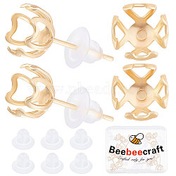 Beebeecraft 20Pcs Ion Plating(IP) Brass Stud Earring Findings, Heart Prong Earring Settings, with 30Pcs Plastic Ear Nuts, Real 18K Gold Plated, 8x6mm, Tray: 7mm, Pin: 0.8mm(KK-BBC0005-44)