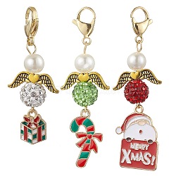 Candy Cane/Gift Box/Santa Claus Christmas Alloy Enamel Pendant Decoration, 304 Stainless Steel Lobster Claw Clasps Charms for Bag Ornaments, Mixed Color, 53~65.5mm, 3pcs/set(HJEW-JM02363)