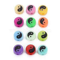 Printed Opaque Acrylic Beads, Flat Round with Yinyang, Mixed Color, 8x4.5mm, Hole: 2mm(SACR-N014-001)