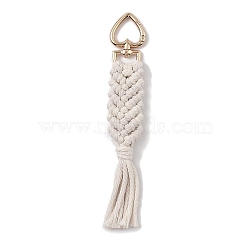 Handmade Macrame Nylon Thread Pendant Decorations, Heart Alloy Clasps Charms for Bag or Keychain Ornaments, Rectangle, White, 160mm(HJEW-P019-07G)