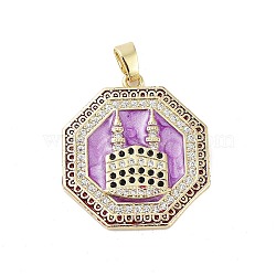 Rack Plating Brass Micro Pave Clear Cubic Zirconia Pendants, with Enamel, Long-Lasting Plated, Lead Free & Cadmium Free, Hexagon & Castle Charms, Violet, 27.5x25x3mm, Hole: 3.5x6mm(KK-H474-22G-02)