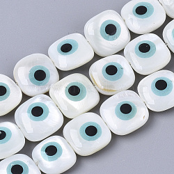 Natural Freshwater Shell Beads, with Enamel, Square with Evil Eye, Sky Blue, 10x10x4mm, Hole: 0.8mm(X-SHEL-N026-32)