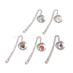 Mixed Natural Gemstone Moon Bookmarks, Tibetan Style Alloy Hook Bookmark, 124mm(AJEW-JK00210)