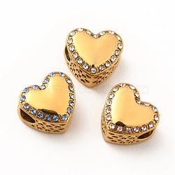 304 Stainless Steel European Beads, Large Hole Beads, with Rhinestone, Heart, Golden, Mixed Color, 11.5x12.5x8.2mm, Hole: 4.2mm(STAS-I191-08G)