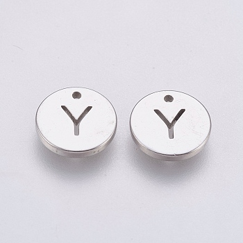 304 Stainless Steel Charms,  Flat Round with Letter, Stainless Steel Color, Letter.Y, 10x1mm, Hole: 1mm