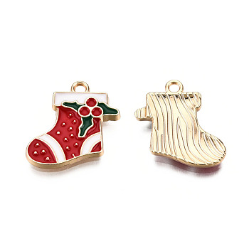 Golden Plated Alloy Enamel Pendants, for Christmas, Christmas Sock, Cadmium Free & Lead Free, Red, 19x17.5x2.5mm, Hole: 2mm