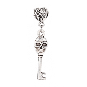 Tibetan Style Alloy European Dangle Charms, Large Hole Beads, Key with Skull, Antique Silver, 47mm, Hole: 4.5mm, Pendant: 33x9x3mm
