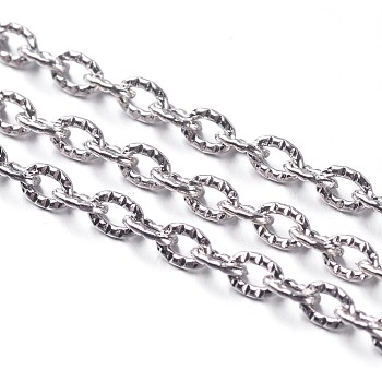 Lead Free & Nickel Free Iron Textured Cable Chains, Unwelded, with Spool, Oval, Platinum Color, 4x3x1mm, about 328.08 Feet(100m)/roll