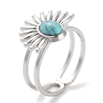 Ion Plating(IP) 304 Stainless Steel Ring, Synthetic Turquoise Rings, Flower, 15.5x12.5mm, Inner Diameter: Adjustable