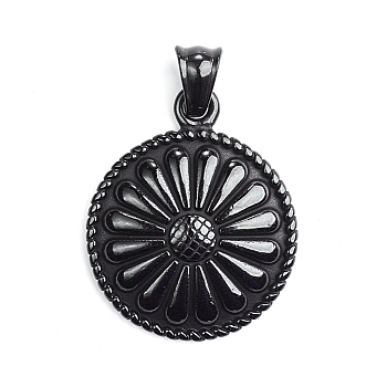 304 Stainless Steel Pendants, Flat Round with Flower, Electrophoresis Black, 34x28x5.5mm, Hole: 5x6mm