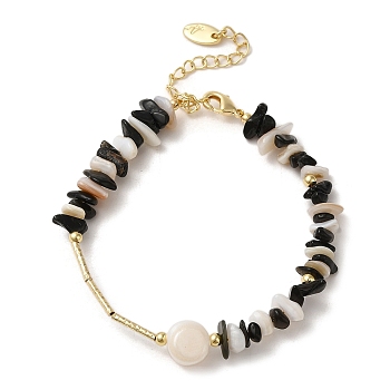Natural Pearl & Shell & Obsidian Chips Beaded Bracelets, with Brass Clasps, Real 14K Gold Plated, 6-5/8 inch(16.7cm)