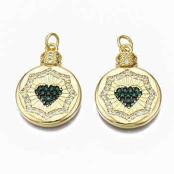 Brass Micro Pave Cubic Zirconia Pendants, with Jump Rings, Nickel Free, Flat Round with Heart, Real 16K Gold Plated, Dark Green, 24.5x18x3mm, Hole: 3mm