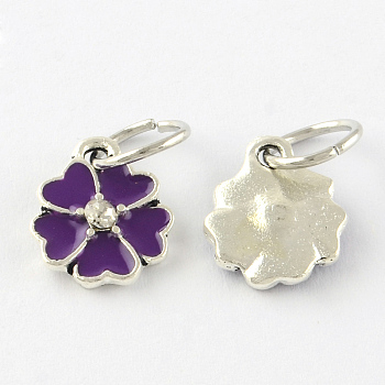 Enamel Style Flower Alloy Rhinestone Charms, with Iron Findings, Antique Silver, Indigo, 13.5x11x3mm, Hole: 6mm