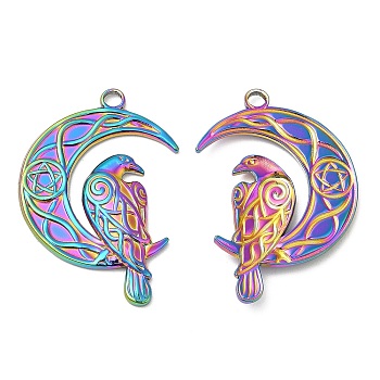 304 Stainless Steel Pendants, Moon with Bird Charm, Rainbow Color, 36x24x3mm, Hole: 3mm