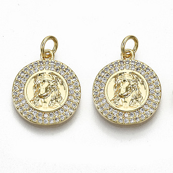 Brass Micro Pave Clear Cubic Zirconia Pendants, with Jump Rings, Nickel Free, Flat Round with Human, Real 16K Gold Plated, 17.5x15x2mm, jump ring: 5x0.8mm, 3.4mm inner diameter
