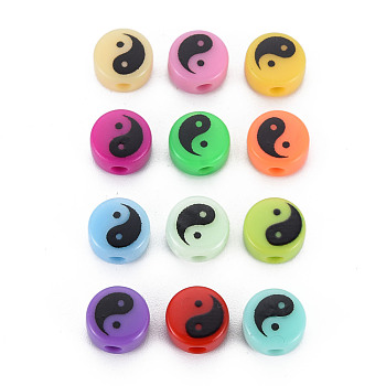 Printed Opaque Acrylic Beads, Flat Round with Yinyang, Mixed Color, 8x4.5mm, Hole: 2mm