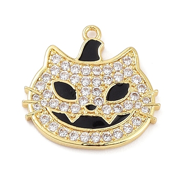 Rack Plating Brass Cubic Zirconia Pendants, Lead Free & Cadmium Free, Cat Charm, Real 18K Gold Plated, 19.5x20x1.7mm, Hole: 1.2mm