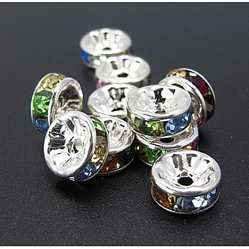 Brass Rhinestone Spacer Beads, Grade A, Silver Color Plated, Rondelle, Colorful, Size: about 8mm in diameter, 3.5mm thick, hole: 2mm