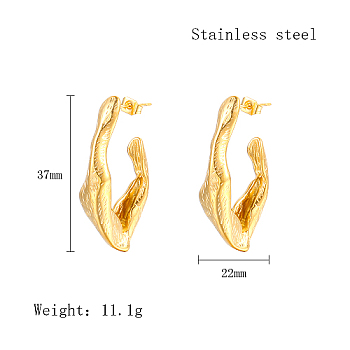 304 Stainless Steel Twist Teardrop Stud Earrings, Half Hoop Earrings, Real 18K Gold Plated, 37x22mm