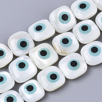 Natural Freshwater Shell Beads, with Enamel, Square with Evil Eye, Sky Blue, 10x10x4mm, Hole: 0.8mm