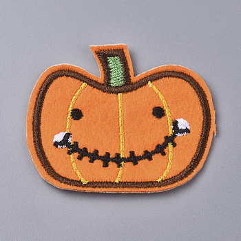 Computerized Embroidery Cloth Iron on/Sew on Patches, Costume Accessories, Pumpkin Jack-O'-Lantern Jack-o-Lantern, for Halloween, Orange, 49x59x1.5mm