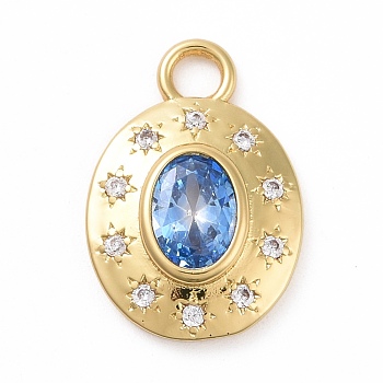 Eco-friendly Brass Micro Pave Cubic Zirconia Pendants, Cadmium Free & Lead Free, Long-Lasting Plated, Golden, Oval with Star, Cornflower Blue, 18x12.5x3.3mm, Hole: 2.6mm