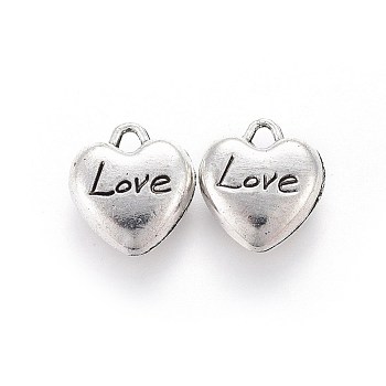 Tibetan Style Zinc Alloy Charms, Heart with Word Love, For Valentine's Day, Antique Silver, 12.5x11.5x5mm, Hole: 1.8mm