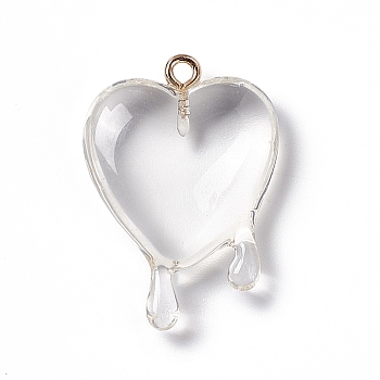 Transparent Resin Pendants, with Light Gold Iron Loops, Melting Heart Charms, Clear, 30~30.5x21~21.5x7mm, Hole: 1.6mm