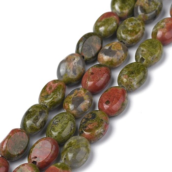 Natural Unakite Round Beads Strands, Oval, 8x6x3.5~4mm, Hole: 1mm, about 45~52pcs/strand, 15.16~15.74 inch(38.5~40cm)