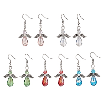 Tibetan Style Alloy Angel Fairy Dangle Earrings, Glass Beaded Drop Earrings, Mixed Color, 50x22mm