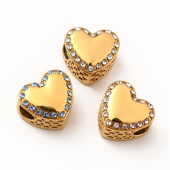 304 Stainless Steel European Beads, Large Hole Beads, with Rhinestone, Heart, Golden, Mixed Color, 11.5x12.5x8.2mm, Hole: 4.2mm