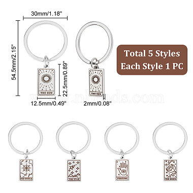5Pcs 5 Style Rectangle with Tarot 316 Stainless Steel Pendant Keychains(KEYC-UN0001-13P)-4