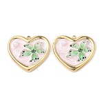 304 Stainless Steel Pendants, Heart with Flower, with Enamel and ABS Plastic Imitation Pearl, Real 18K Gold Plated, Pink, 21.5x24x4.5mm, Hole: 1.6mm(STAS-C134-09G-02)
