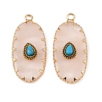Natural Rose Quartz & Synthetic Turquoise Carved Pendants, Oval Charms, with Brass Findings, Golden, 35.5x16x6mm, Hole: 2mm(GG-CBA5963-02A)