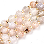 Natural Cherry Blossom Agate Beads Strands, Faceted, Round, 7.5x7mm, Hole: 1.2mm, Beads: 3x2mm, about 40~41pcs/strand, 15.04 inch~15.35 inch(38.2cm~39cm)(G-T131-80)