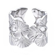 304 Stainless Steel Ginkgo Leaf Wrap Open Cuff Ring, Chunky Hollow Ring for Women, Stainless Steel Color, US Size 6 3/4(17.1mm)(RJEW-T023-28P)