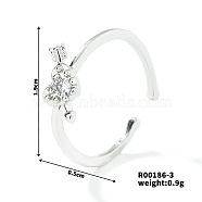 Fashionable Unisex Brass Micro Pave Clear Cubic Zirconia Open Cuff Rings, Heart, Platinum, Inner Diameter: 19mm(VA2990-19)