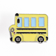 Alloy Enamel Brooches, Enamel Pins, with Brass Butterfly Clutches, School Bus, Cadmium Free & Nickel Free & Lead Free, Platinum, Yellow, 3/4x1 inch(20x25mm), Pin: 1mm(JEWB-S011-099-NR)