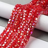 Electroplate Glass Bead Strands, AB Color Plated, Faceted, Cube, Red, 4x4x4mm, Hole: 1mm, about 98pcs/strand, 15.7 inch(EGLA-J028-4x4mm-AB05)