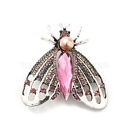 Colorful Rhinestone Moth Brooch with Imitation Pearl Beaded, Alloy Badge for Backpack Clothes, Antique Silver, 48x47.5x10mm, Pin: 0.6mm(JEWB-P014-05AS)