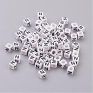 Acrylic Horizontal Hole Letter Beads, Cube, White, Letter N, Size: about 6mm wide, 6mm long, 6mm high, hole: about 3.2mm, about 2600pcs/500g(PL37C9308-N)