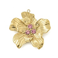 304 Stainless Steel Pendants, with Rhinestone, Flower Charm, Real 14K Gold Plated, Rose, 26x24.5x4mm, Hole: 1.2mm(STAS-L022-438G-02)