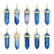 10Pcs Natural Banded Agate Pointed Pendants, with Random Alloy Pendant Hexagon Bead Cap Bails, Golden, Bullet, Dyed & Heated, 37~40x12.5x10mm, Hole: 3x4.5mm(sgG-SZ0001-27)