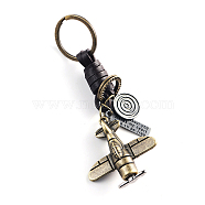 Punk Style Woven Cow Leather Alloy Pendant Keychain, for Car Key Pendant, Antique Bronze, Airplane Pattern, 11cm(KEYC-PW0006-04J)